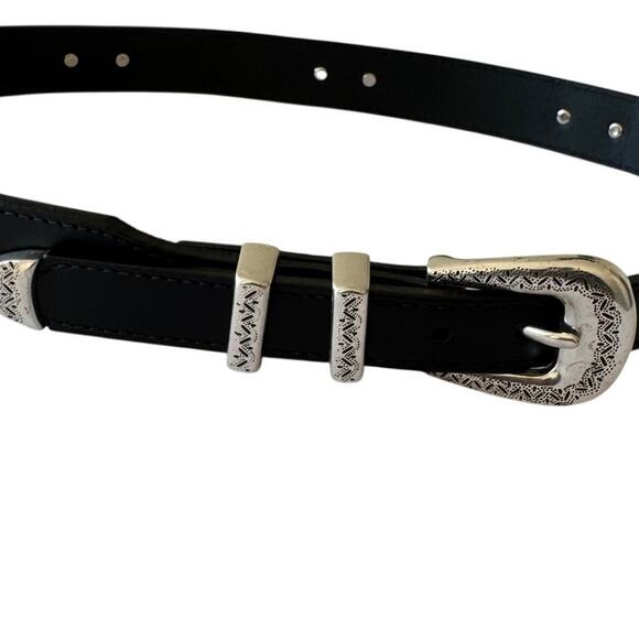 Brighton Men’s Black Leather Belt Engraved Silver Hardware Size 34 - Picture 2 of 7